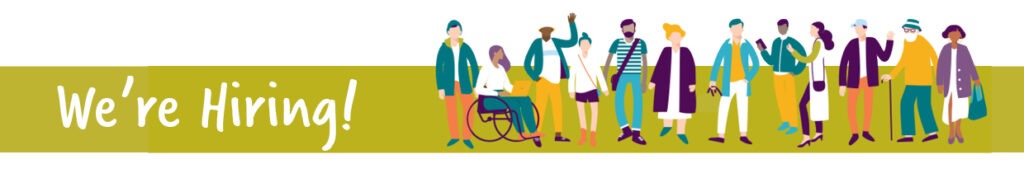 A graphic of a lime green horizontal rectangle with white text that reads "We're Hiring!" on the right and blue, white, orange, and yellow cartoons of people on the right